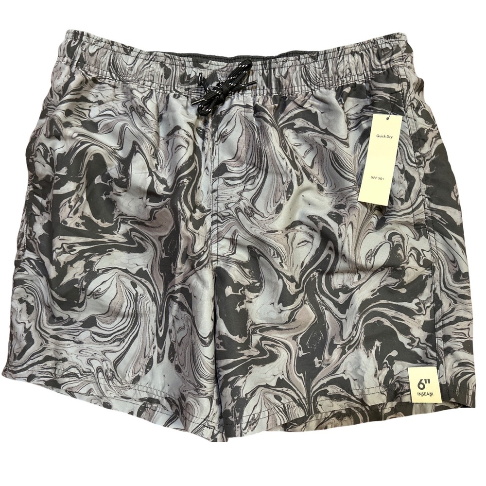 No Boundaries Swim Shorts Marble Swirl Grey Mens Sz M 6" Inseam Quick Dry UPF50+